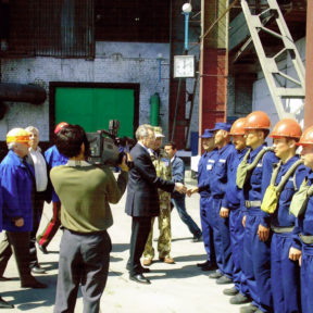 Emergency Situations Minister V. Khrapunov checks the readiness of a special unit working in the chemical industry